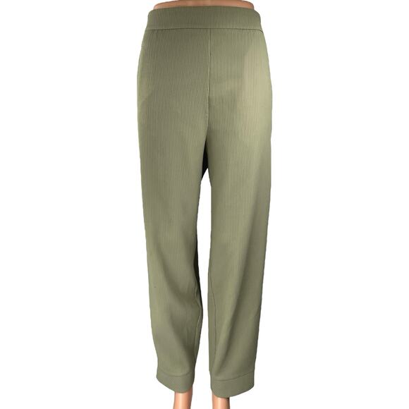 Zara Women's Green Rib Knit High Waist Wide Leg Side Zip Ankle Trousers Pants L - Picture 1 of 4